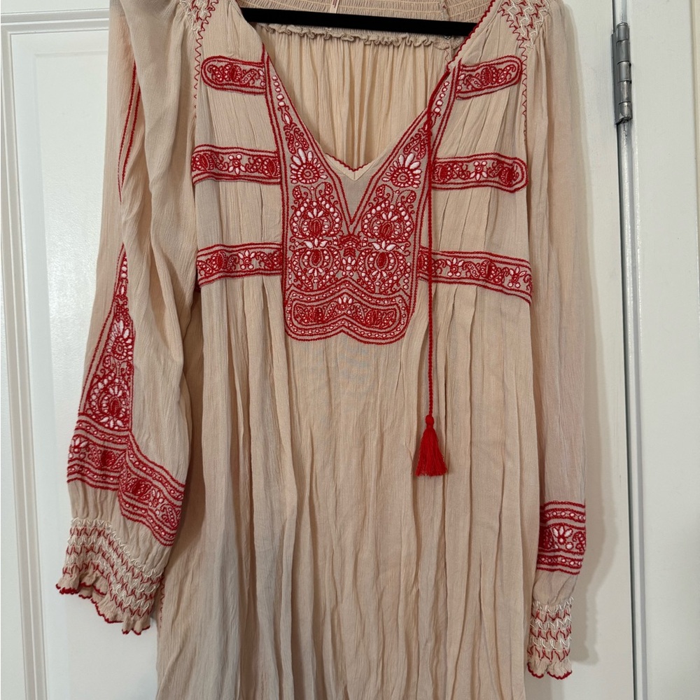 Free People Embroidered Women’s Tunic Dress - Cream and Red